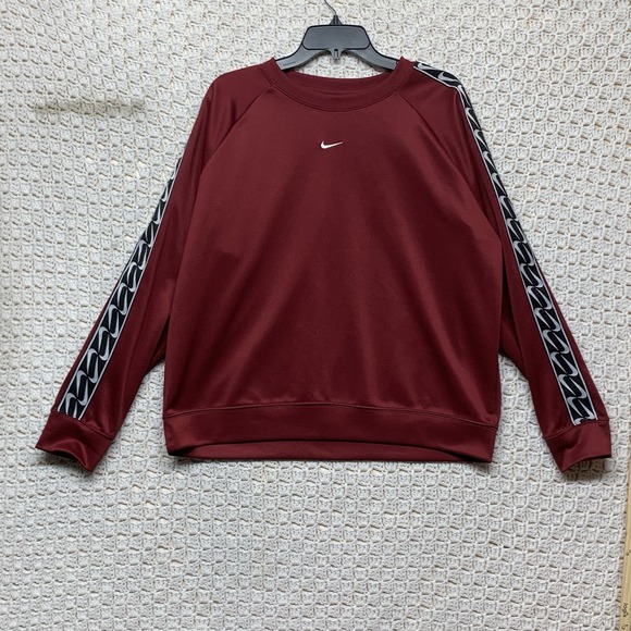 Nike Sweatshirt Women Sz L Burgundy Black White Logo Tape Center Swoosh Pullover - Picture 1 of 7